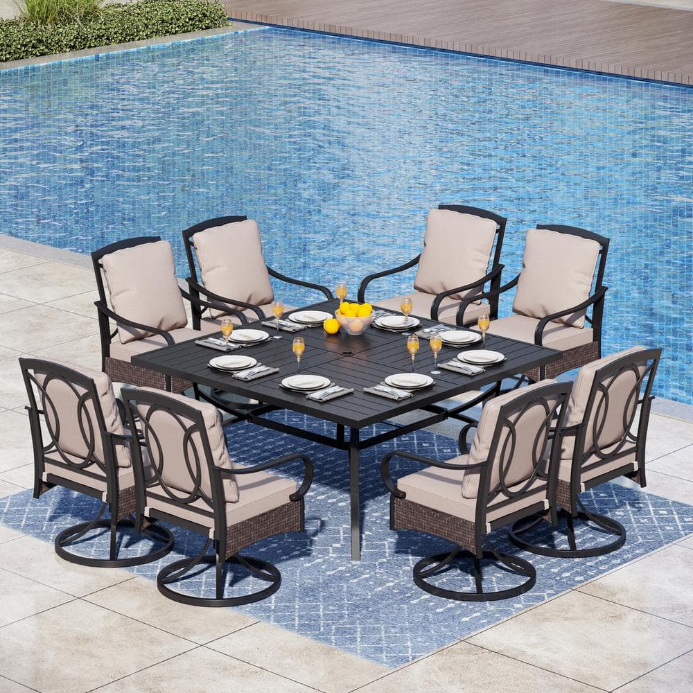 PHI VILLA 9Piece Metal Outdoor Dining Set with Square Table and Rattan