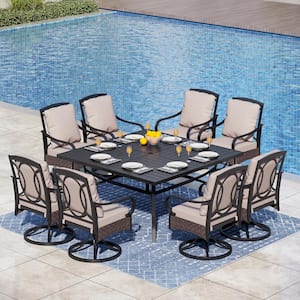 9-Piece Metal Outdoor Dining Set with Square Table and Rattan Swivel Chairs with Beige Cushions