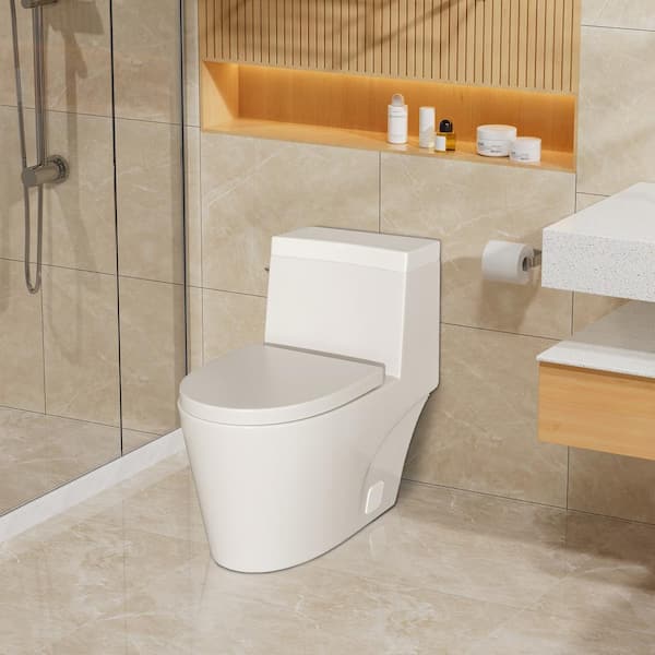 1-Piece 1.28 GPF Single Flush Ceramic Elongated Toilet in White with Soft Closing Seat