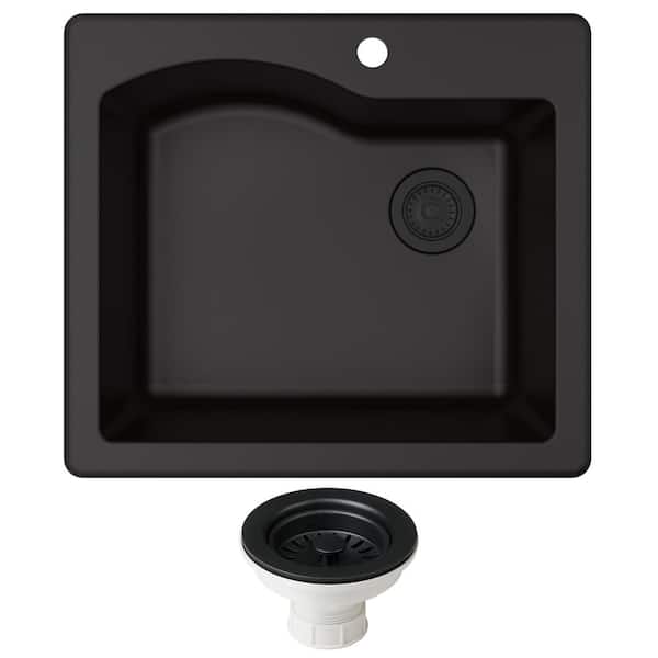 KRAUS Quarza Black Granite Composite 25 in. Single Bowl Undermount/Drop-In Kitchen Sink and Strainer