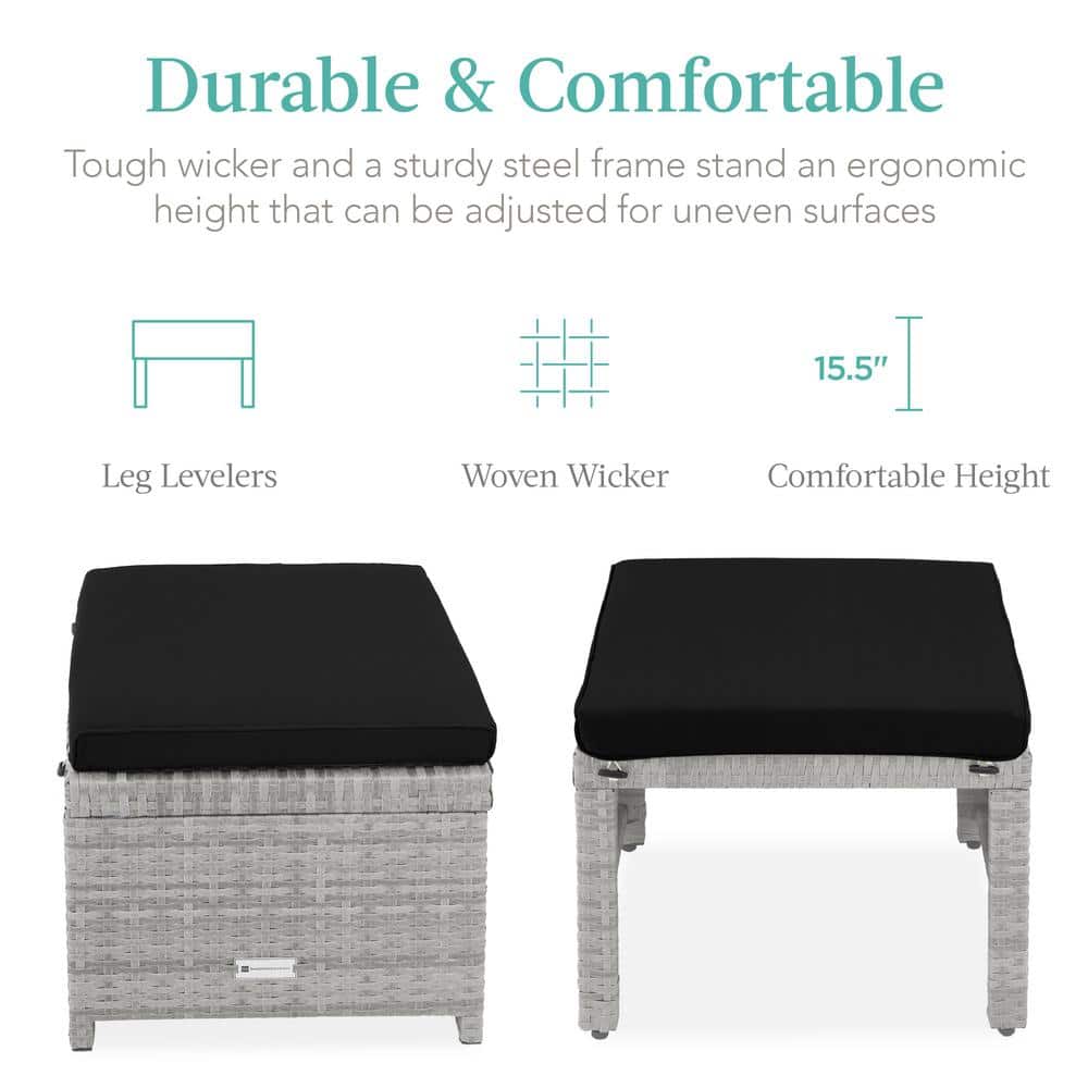 Gray and Black Wicker Outdoor Ottoman Set with Removable Cushions