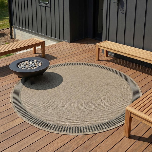 Recife Wicker Stitch Cocoa-Black 8 ft. Casual Flatwoven Polypropylene Round Indoor/Outdoor Area Rug
