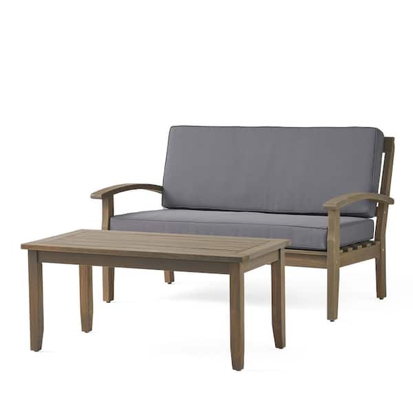 Noble House Peyton Teak Brown 2-Piece Wood Patio Conversation Set with Grey Cushions