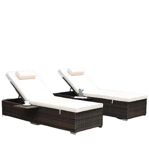 Brown PE Wicker Outdoor Chaise Lounge with Beige Cushions, Adjustable Backrest and Removable Cushions Sets of 2