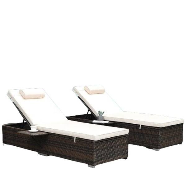 ITOPFOX Brown PE Wicker Outdoor Chaise Lounge with Beige Cushions, Adjustable Backrest and Removable Cushions Sets of 2