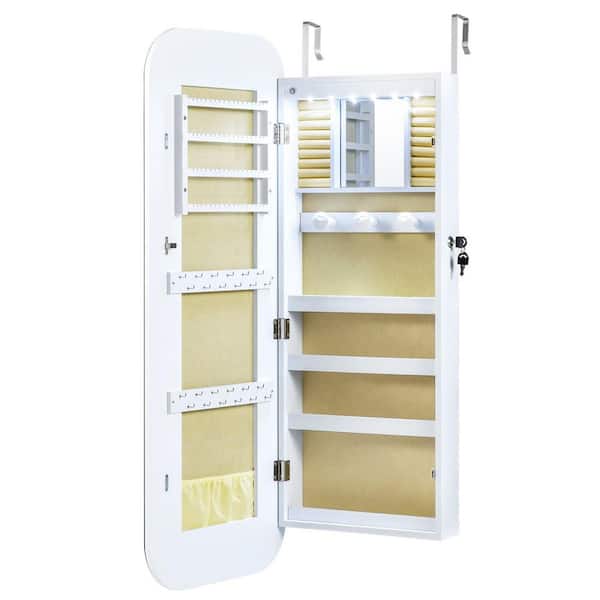 6 LEDs Mirror Jewelry Cabinet w/Full-Length Rounded MirrorStorage Shelves Hooks White