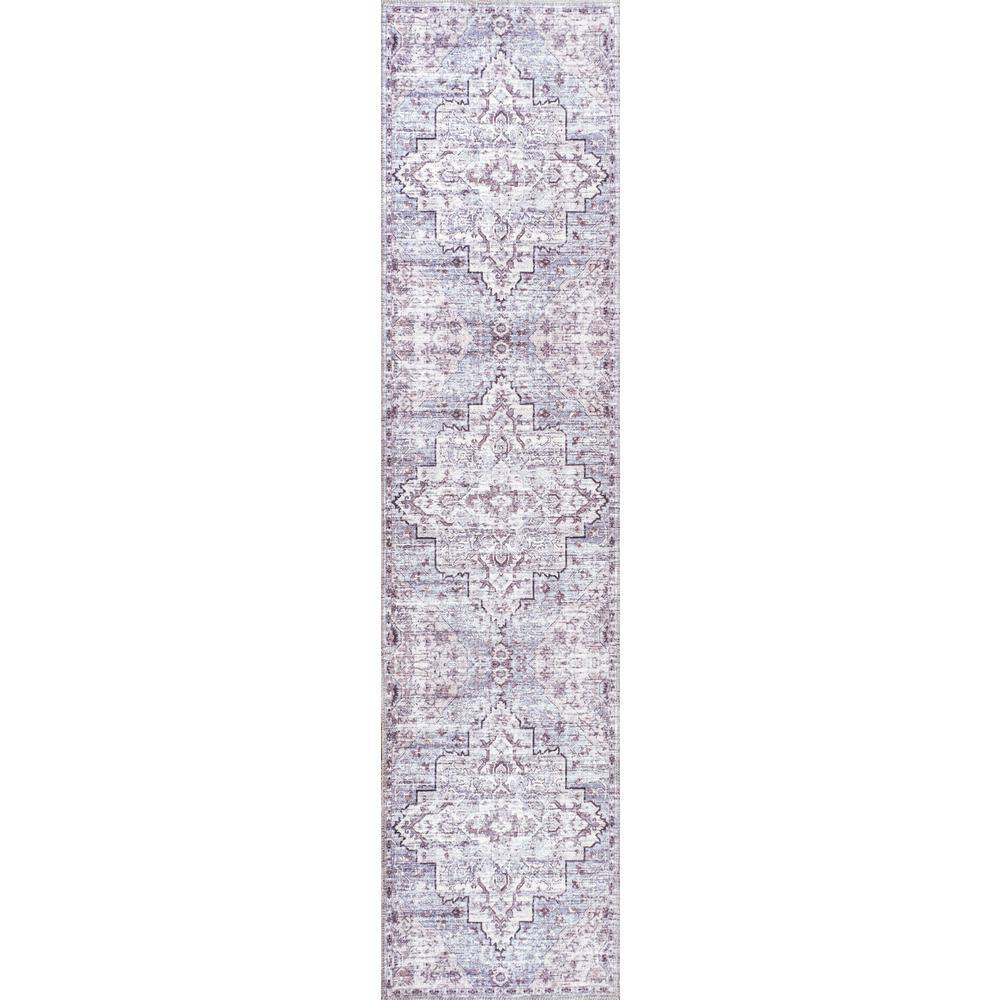 Didim Gray and Purple Medallion Washable Runner Rug