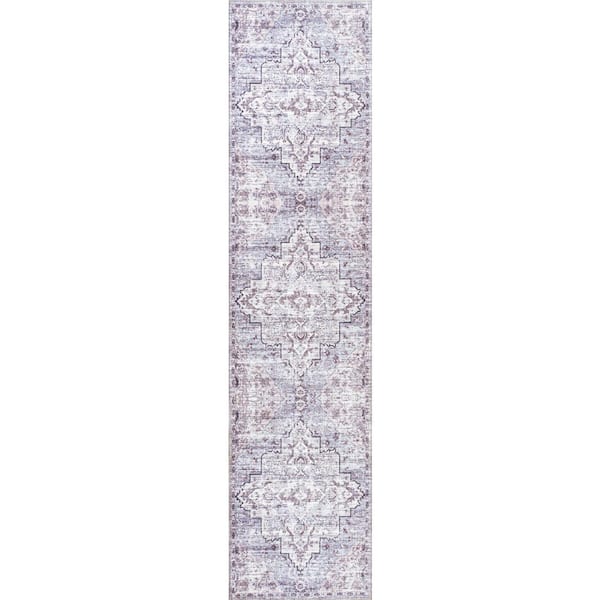 Didim Boho Gray Medallion Machine Washable Gray/Purple 2 ft. x 8 ft. Indoor Area Rug