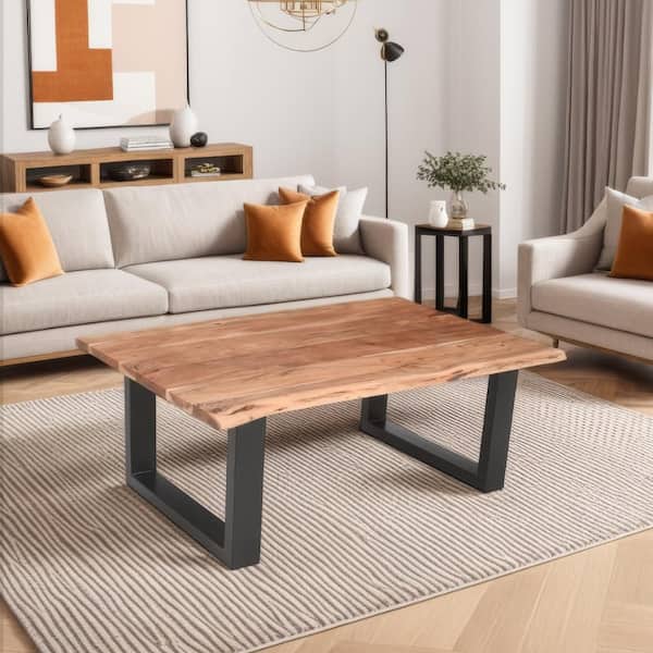 29 in. Brown and Black Rectangle Acacia Wood Farmhouse Coffee Table with Live Edges and Metal Sled Base