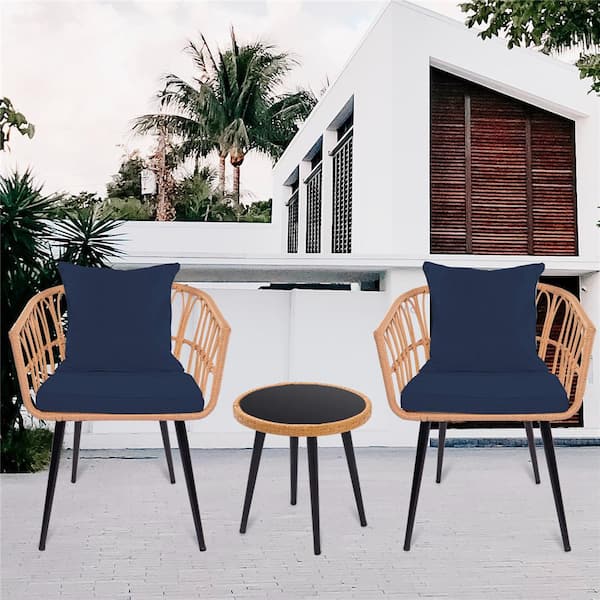 AULEDIO Navy Blue 3 Piece Wicker Round Coffee Table Outdoor Bistro Set with Navy Blue Cushion