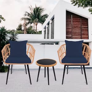Navy Blue 3 Piece Wicker Round Coffee Table Outdoor Bistro Set with Navy Blue Cushion