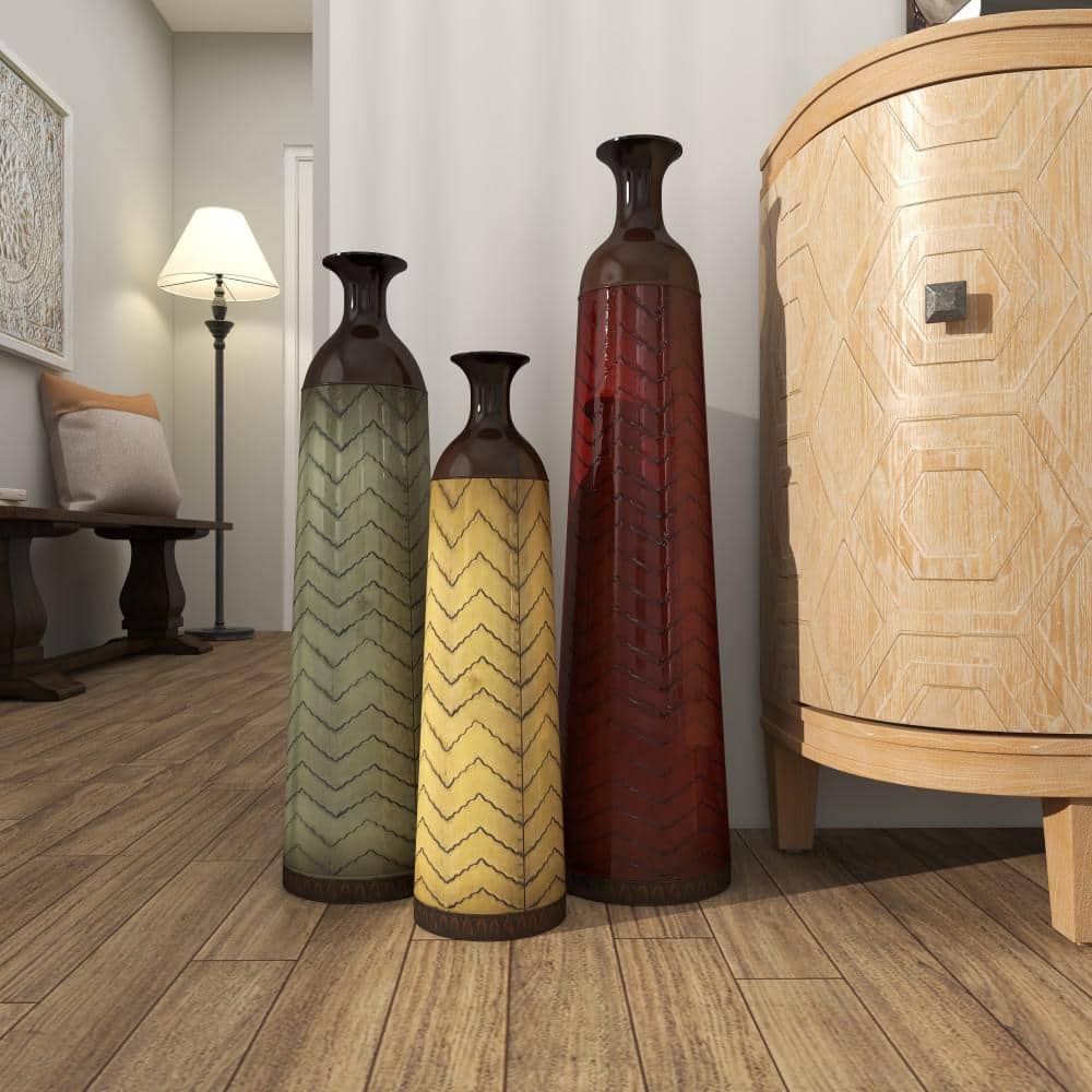 Tall Multi-Colored Metal Floor Vases with Chevron Pattern, Set of 3