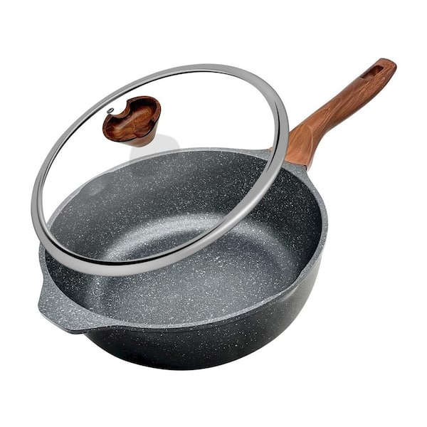 11 in. Nonstick Wok Pan with Glass Lid Cast Aluminum Skillet Flat Bottom for Induction Gas Electric Cooktops