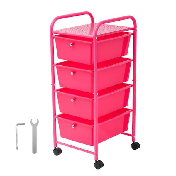 Rolling Cart with Drawers, Smooth Casters and 2 Locking Wheels, 4-Tier Storage Organizer, Mobile Storage Boxes, Rose Red