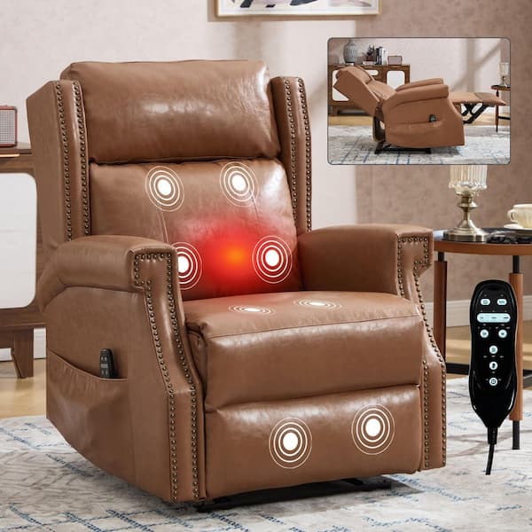 Chestnut Brown High-End Leather Manual Recliner Chair with Massage and Heat, Nailhead Trim, Side Pocket