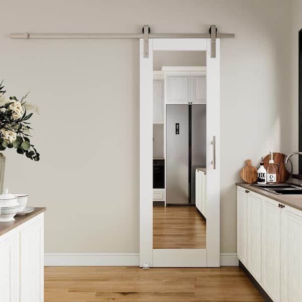 28 in. x 96 in. 1-Lite Mirrored Glass White Primed MDF Sliding Barn Door with Hardware Kit Nickel Plated