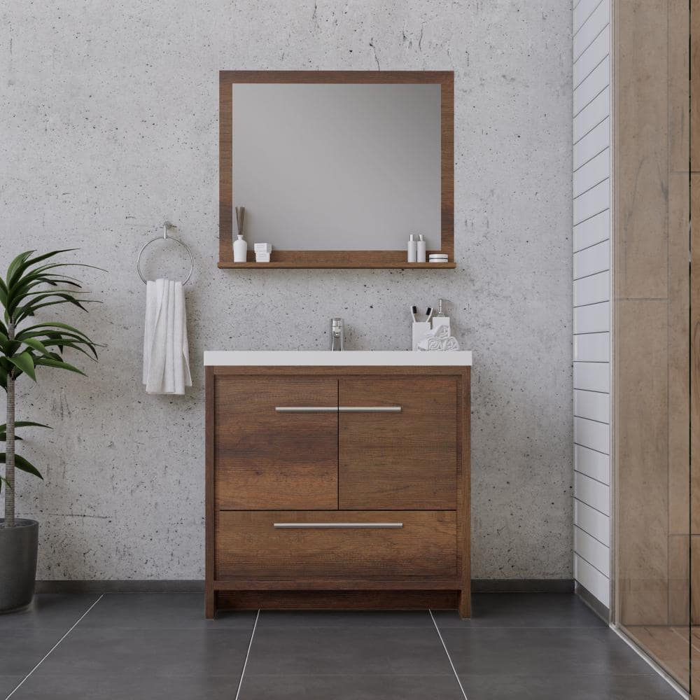 Rosewood Brown 36" Freestanding MDF Bathroom Vanity with White Acrylic Sink