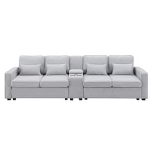 114.20 in. Straight Arm Polyester Rectangle Sofa in Light Gray with Console, Cup Holders and USB Ports