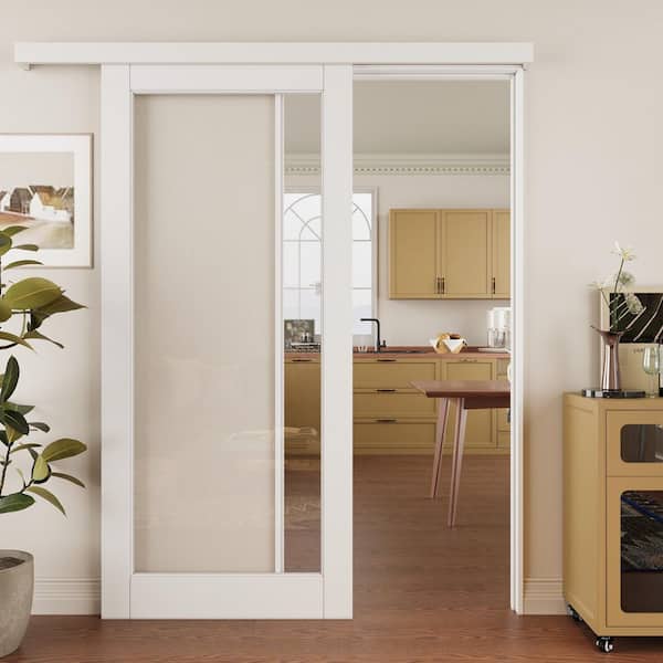 36 in. x 80 in. Hidden Track Style 1-Lite Clear Glass White Primed MDF Sliding Barn Door with Hardware Kit