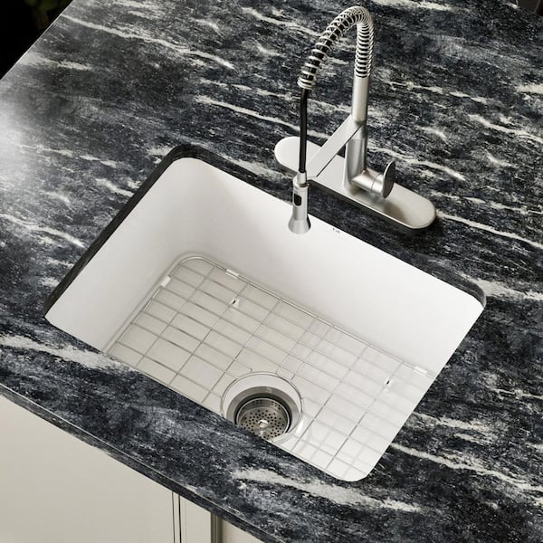 Los Flexi 24 in. White Undermount Kitchen Sink Ceramic, Single Bowl Undermount / Drop-in Kitchen Sink, with Grid and Drain Kit
