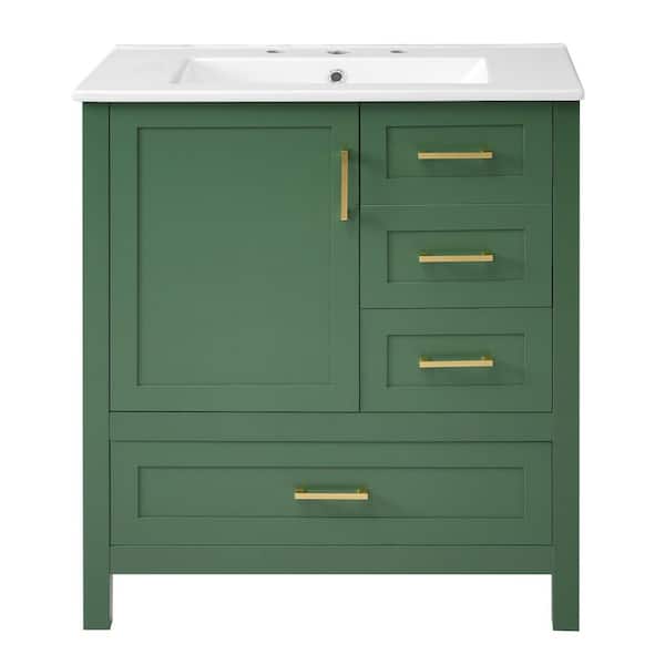 30 in. Single Sink Freestanding Green Bath Vanity with White Ceramic Top, 3 Drawers and Removable Tray