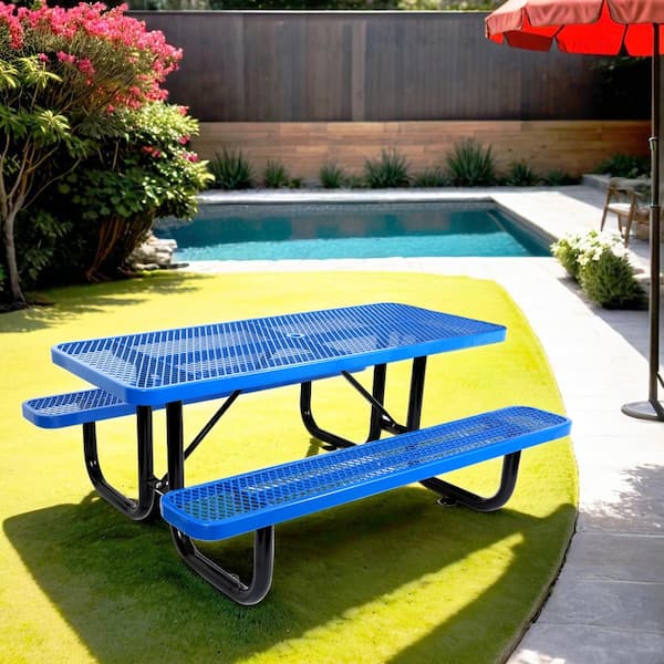 Unbranded 72 in. Rectangular Outdoor Steel Picnic Table Seats 6 People with Umbrella Hole in Blue