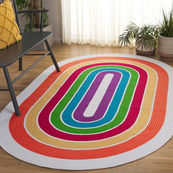 Braided 3 ft. x 5 ft. Ivory/Rainbow Striped Multicolor Border Oval Area Rug