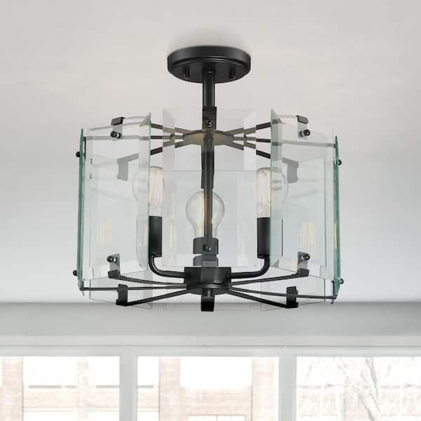 Harper 15 in. 3-Light Black Modern Entryway Semi-Flush Mount with Beveled Clear Glass Panels