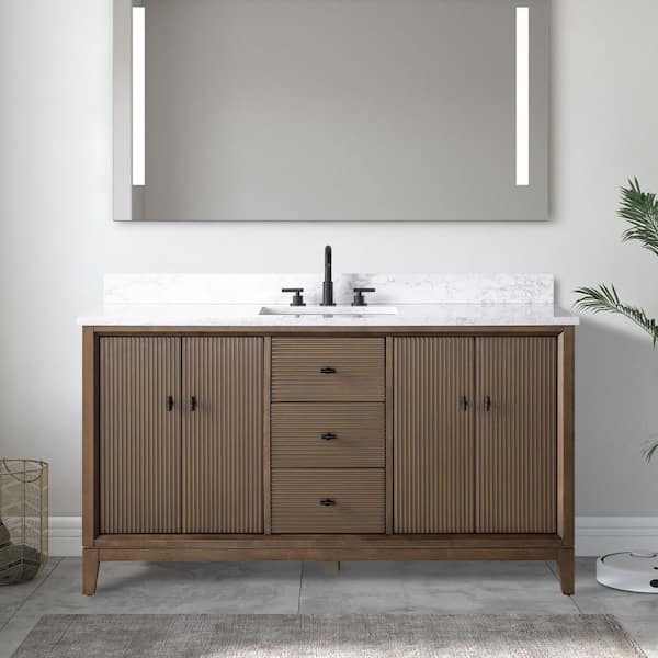 60 in. W x 22 in. D Single Sink Freestanding Walnut Bath Vanity Cabinet with White Engineered Marble Top
