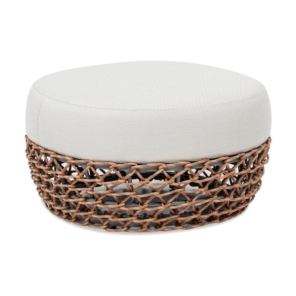 Willow Wicker Frame Outdoor Ottoman 25 in. Round Upholstered Wheat Beige with Cushion for Outdoor Patio