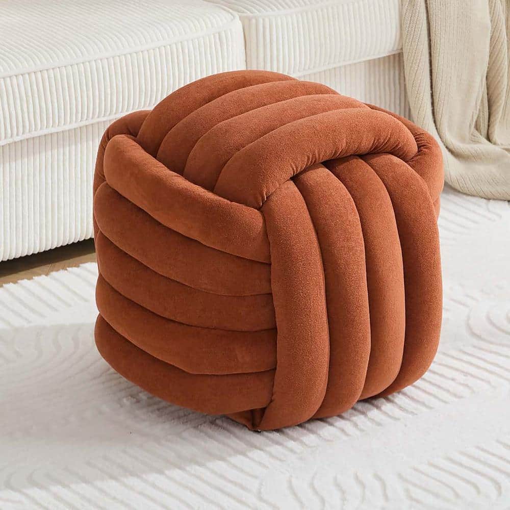 19.3 in. Orange Square Chenille Pouf Ottoman Soft Upholstered Makeup Stool 