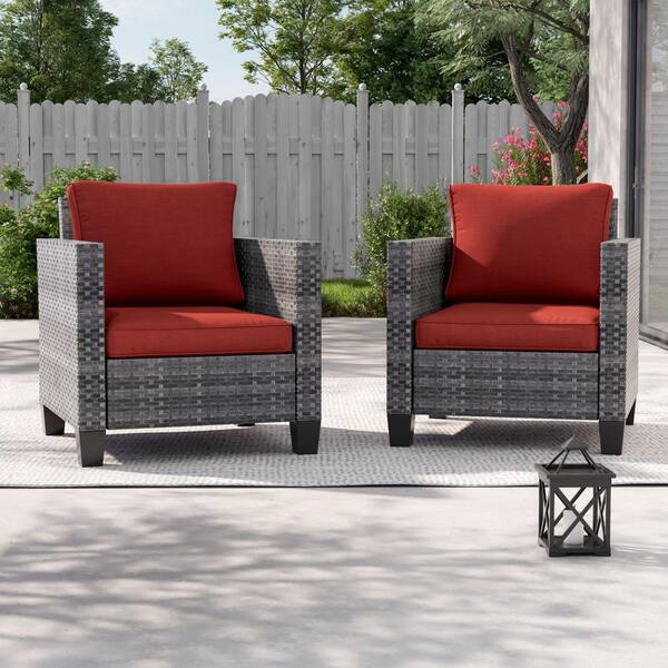 2-Pack Gray Wicker Patio Outdoor Single Sofa with Rust Red Cushion