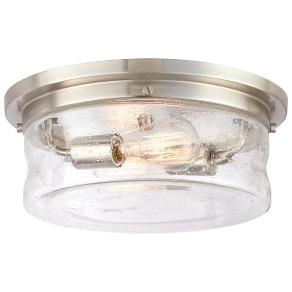 Home Decorators Collection Silveroak 13 in. 2-Light Brushed Nickel Flush Mount with Clear Seedy Glass Shade