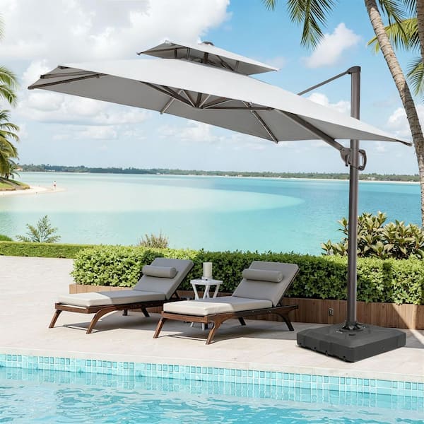 Pellebant 9 ft. x 11 ft. Large Outdoor Aluminum Cantilever 360° Rotation Patio Umbrella in Light Gray with Umbrella Base