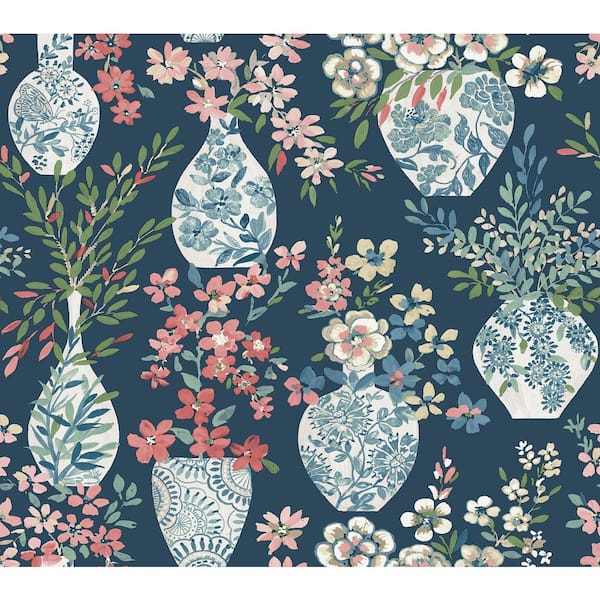 A-Street Prints Harper Blue Teal Floral Vase Matte Non Woven Wallpaper Sample