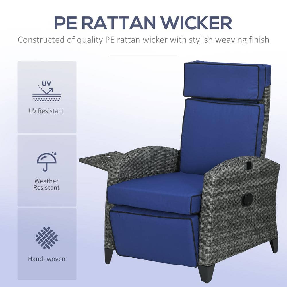 Dark Blue Wicker Reclining Outdoor Lounge Chair with Cushions