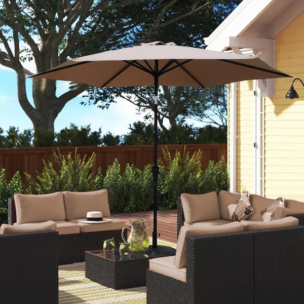 8.8 ft. Aluminum Patio Market Umbrella with Resin Base, Push Button Tilt and Crank Lift, Taupe