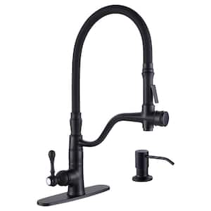 Brass Single Handle High-Arc Pull Down Sprayer Kitchen Faucet with Soap Dispenser in Matte Black