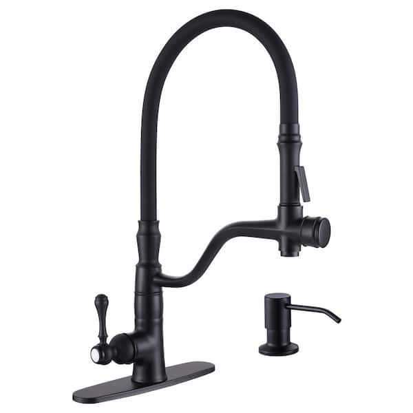 ARCORA Brass Single Handle High-Arc Pull Down Sprayer Kitchen Faucet with Soap Dispenser in Matte Black