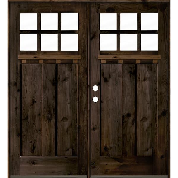 Krosswood Doors 72 in. x 80 in. Craftsman Right Hand Active 6-Lite Clear Glass Black Stain/Dentil Shelf Double Wood Prehung Front Door