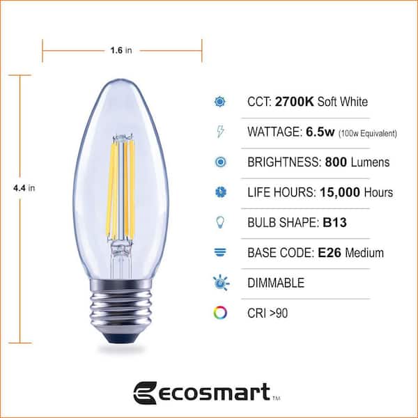 EcoSmart 100-Watt Equivalent B13 Blunt Tip Dimmable Candle E26 
