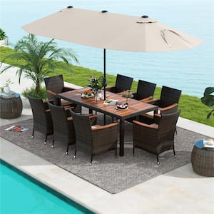 Brown 11-Piece Metal Rectangle 29 in. Outdoor Dining Set with 15 ft. Beige Double-Sided Patio Umbrella in Beige Cushion