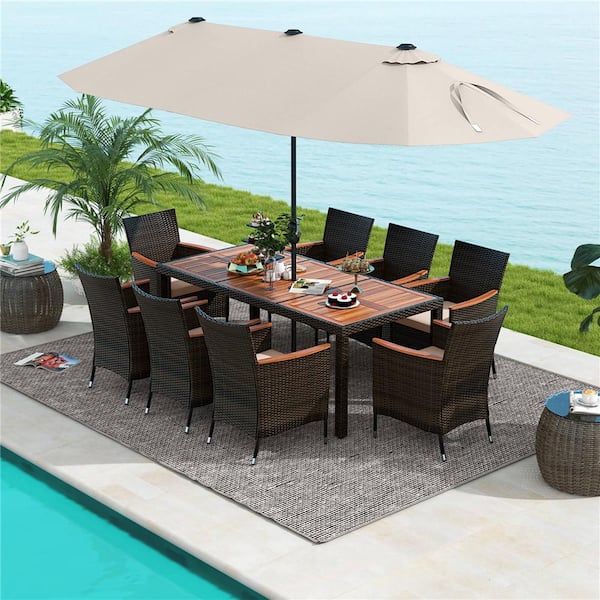 Brown 11-Piece Metal Rectangle 29 in. Outdoor Dining Set with 15 ft. Beige Double-Sided Patio Umbrella in Beige Cushion