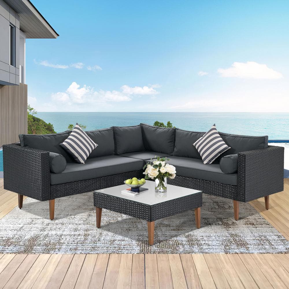 Zeus & Ruta 4-Piece Black Rattan Wicker Outdoor Sectional Sofa Set with ...