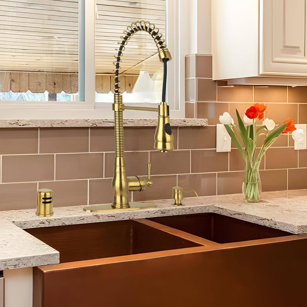 Brushed Gold Brass Double Handle Kitchen Faucet with Pull-out Spray