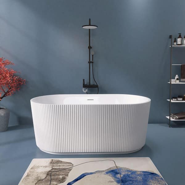 Moray 59 in. x 30 in. Acrylic Flatbottom Freestanding Soaking Non-Whirlpool Bathtub with Pop-up Drain in Glossy White