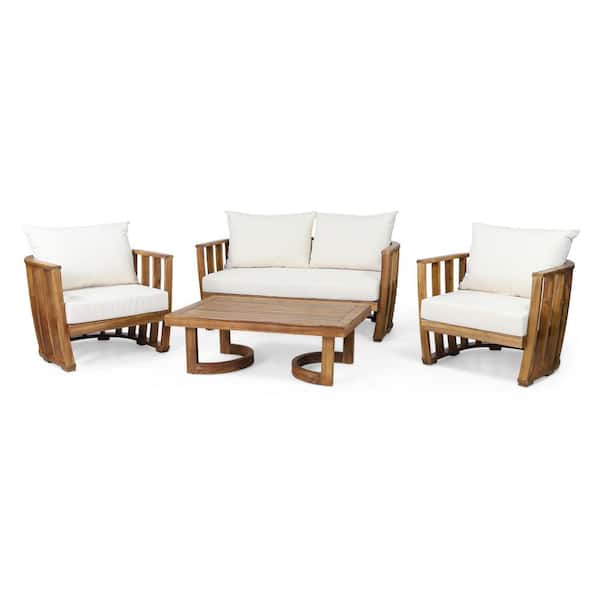 Noble House Mosier 4-Piece Wood Outdoor Patio Conversation Set with Cream Cushions
