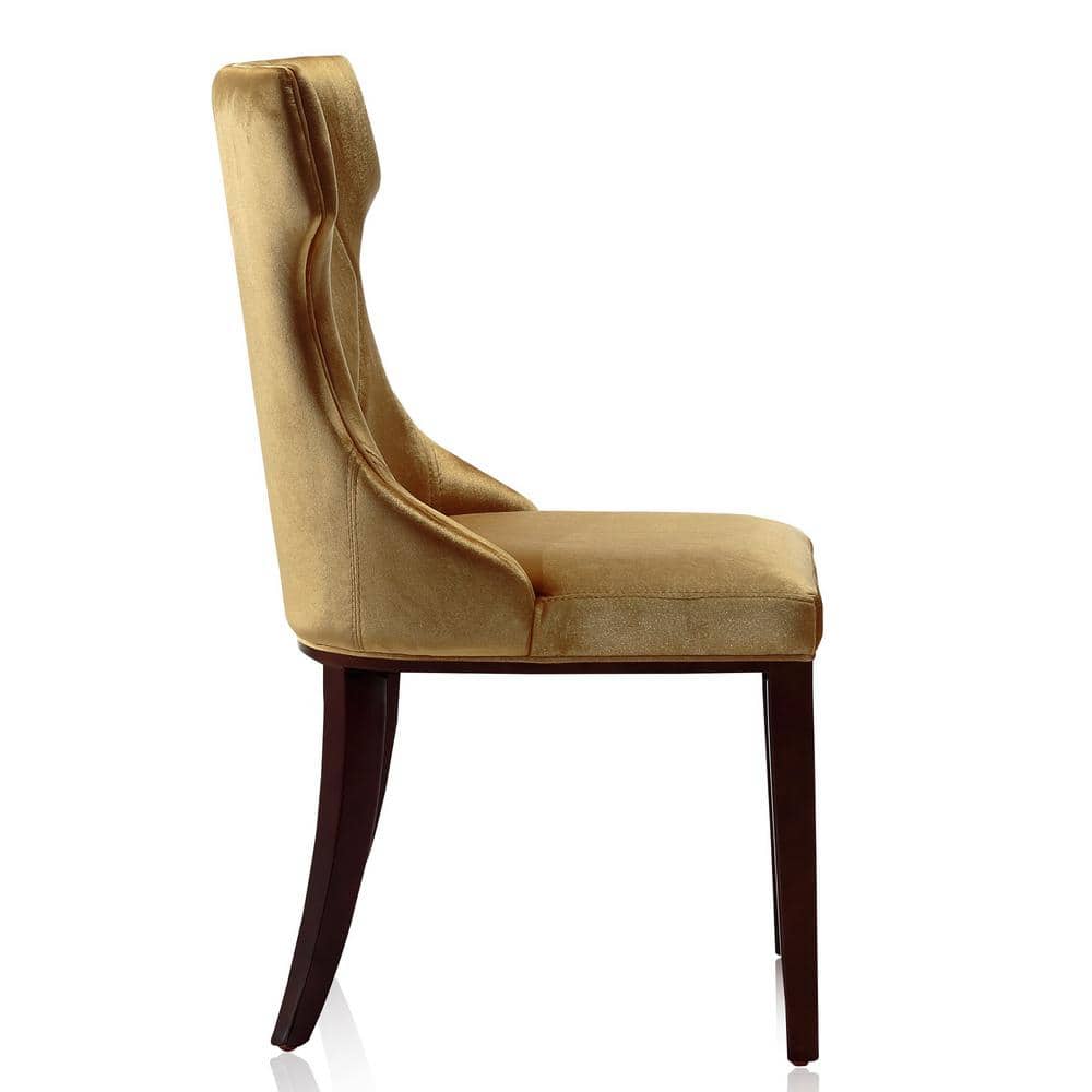 Antique Gold and Walnut Velvet Wingback Dining Chair Pair