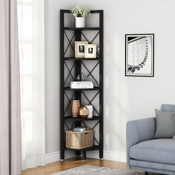 Tribesigns Way to Origin Taylor 60 in. Rustic Brown Wood and Black Metal Frame 5 Shelf Radial Corner Shelf Bookcase Storage Rack Plant Stand