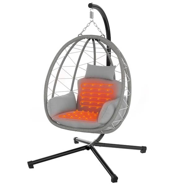 Grey Patio Hanging Basket Heated Egg Chair with Stand, Rattan Wicker Swing Chair with UV Resistant Cushion and Pillow
